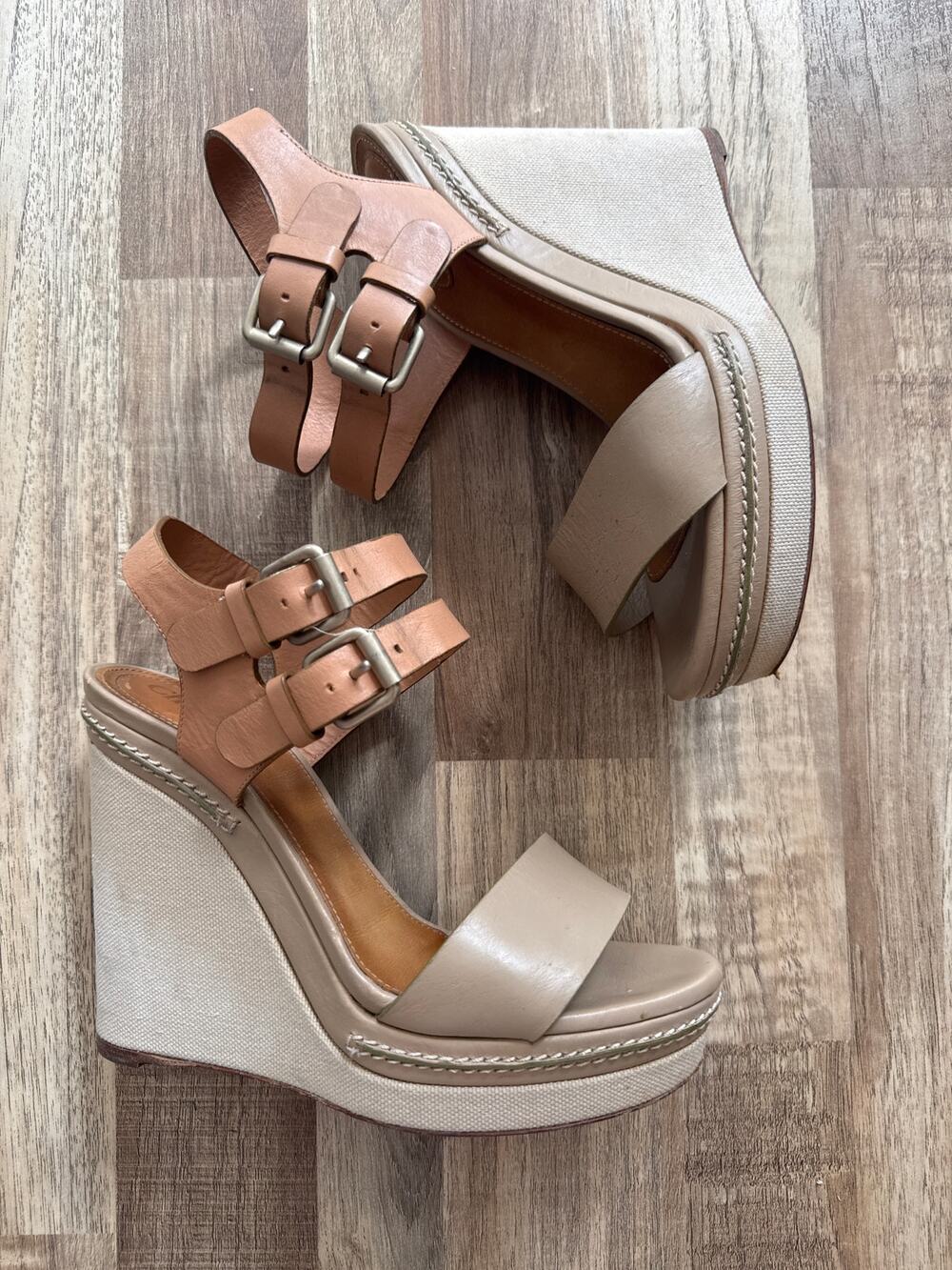 Chloe Leather and Canvas Wedges size 38 in Tan and Brown